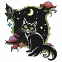 black cat and colorful mushrooms with moon and stars tattoo design idea