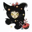 black cat and colorful mushrooms with moon and stars tattoo design idea