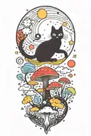 black cat with colorful mushrooms and crescent moon and clouds and stars melting  tattoo design idea