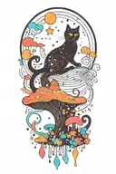 black cat with colorful mushrooms and crescent moon and clouds and stars melting  tattoo design idea