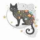 black cat and colorful mushrooms with moon and stars tattoo design idea