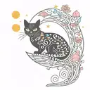black cat and colorful mushrooms with moon and stars tattoo design idea