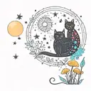 black cat and colorful mushrooms with moon and stars tattoo design idea