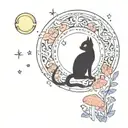 black cat and colorful mushrooms with moon and stars tattoo design idea