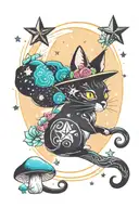 witch cat with moon and stars and colorful mushrooms trippy  tattoo design idea