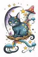 witch cat with moon and stars and colorful mushrooms trippy  tattoo design idea