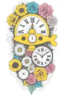 yellow submarine with colorful flowers and clock and rainbow  tattoo design idea