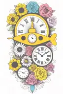 yellow submarine with colorful flowers and clock and rainbow  tattoo design idea