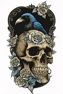 raven on skull with blue roses tattoo design idea