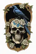 raven on skull with blue roses tattoo design idea