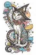 witch cat with moon and stars and colorful mushrooms trippy  tattoo design idea
