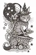 witch cat with moon and stars and colorful mushrooms trippy  tattoo design idea