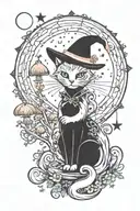 witch cat with moon and stars and colorful mushrooms trippy  tattoo design idea