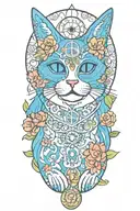 hippie cat with colorful flowers and sun and peace sign tattoo design idea