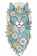 hippie cat with colorful flowers and sun and peace sign tattoo design idea