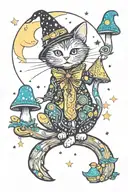 witch cat with moon and stars and colorful mushrooms trippy  tattoo design idea