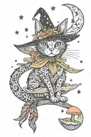witch cat with moon and stars and colorful mushrooms trippy  tattoo design idea
