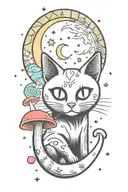 black cat with 3 eyes with colorful mushrooms and crescent moon and clouds and stars and sun tattoo design idea