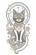 black cat with 3 eyes with colorful mushrooms and crescent moon and clouds and stars and sun tattoo design idea