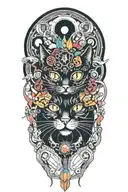 black cat with 3 eye balls and trippy colorful mushrooms with moon melting  tattoo design idea