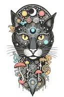 black cat with 3 eye balls and trippy colorful mushrooms with moon melting  tattoo design idea