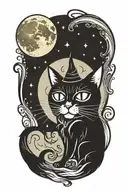witch cat and moon tattoo design idea