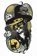witch cat and moon tattoo design idea