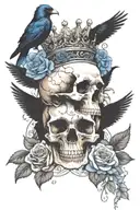 skull wearing crown with raven on headand blue roses intertwined tattoo design idea