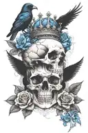 skull wearing crown with raven on headand blue roses intertwined tattoo design idea