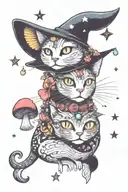 witch cat with moon and stars and colorful mushrooms trippy  tattoo design idea