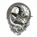 witch cat and moon tattoo design idea