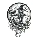 witch cat and moon tattoo design idea