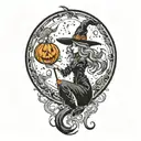 witch cat and moon tattoo design idea