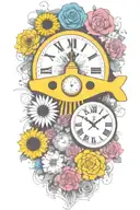 yellow submarine with colorful flowers and clock and rainbow  tattoo design idea