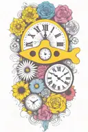 yellow submarine with colorful flowers and clock and rainbow  tattoo design idea