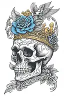 skull wearing crown with raven on and blue roses intertwined tattoo design idea