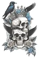 skull wearing crown with raven on headand blue roses intertwined tattoo design idea