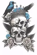 skull wearing crown with raven on headand blue roses intertwined tattoo design idea