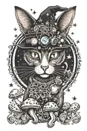 witch cat with moon and stars and colorful mushrooms trippy  tattoo design idea