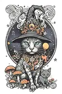 witch cat with moon and stars and colorful mushrooms trippy  tattoo design idea