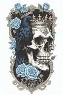 skull wearing crown with raven on and blue roses intertwined tattoo design idea