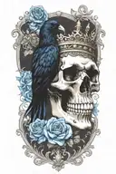 skull wearing crown with raven on and blue roses intertwined tattoo design idea
