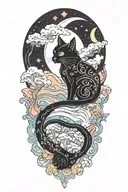 black cat with colorful mushrooms and crescent moon and clouds and stars melting  tattoo design idea