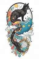 black cat with colorful mushrooms and crescent moon and clouds and stars melting  tattoo design idea