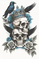 skull wearing crown with raven on headand blue roses intertwined tattoo design idea