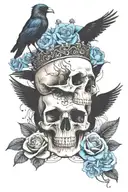 skull wearing crown with raven on headand blue roses intertwined tattoo design idea