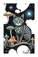 witch cat with moon and stars and colorful mushrooms trippy  tattoo design idea
