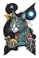 witch cat with moon and stars and colorful mushrooms trippy  tattoo design idea