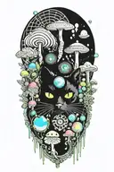 black cat with 3 eye balls and trippy colorful mushrooms with moon melting  tattoo design idea