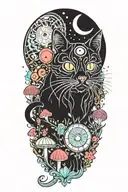 black cat with 3 eye balls and trippy colorful mushrooms with moon melting  tattoo design idea